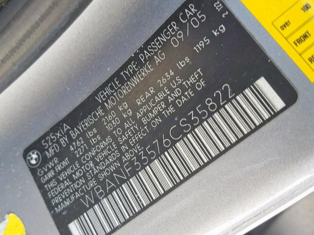 WBANF33576CS35822 - 2006 BMW 525 XI GRAY photo 10