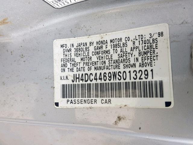 JH4DC4469WS013291 - 1998 ACURA INTEGRA GS SILVER photo 10