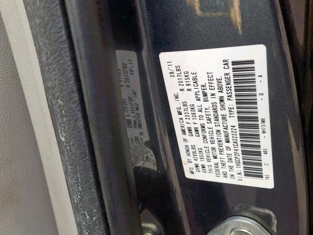 1HGCP2F41CA020224 - 2012 HONDA ACCORD LXP GRAY photo 10