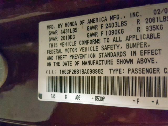 1HGCP26818A098982 - 2008 HONDA ACCORD EXL BURGUNDY photo 10