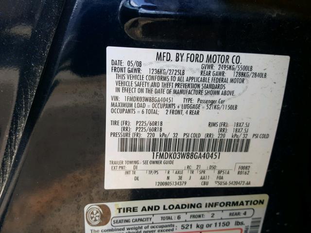 1FMDK03W88GA40451 - 2008 FORD TAURUS X L BLUE photo 10