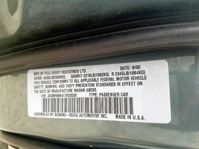 4S3BH686417620050 - 2001 SUBARU LEGACY OUT GREEN photo 10