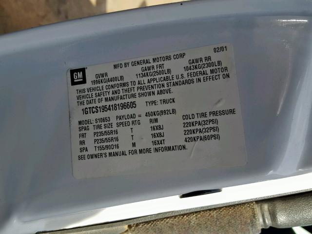 1GTCS195418196605 - 2001 GMC SONOMA WHITE photo 10