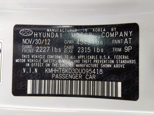 KMHHT6KD3DU095418 - 2013 HYUNDAI GENESIS CO WHITE photo 10