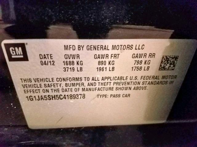 1G1JA5SH5C4189378 - 2012 CHEVROLET SONIC LS BLACK photo 10