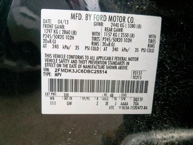 2FMDK3JC6DBC25514 - 2013 FORD EDGE SEL BLACK photo 10