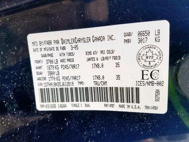 1D7HA18N35J612819 - 2005 DODGE RAM 1500 S BLUE photo 10