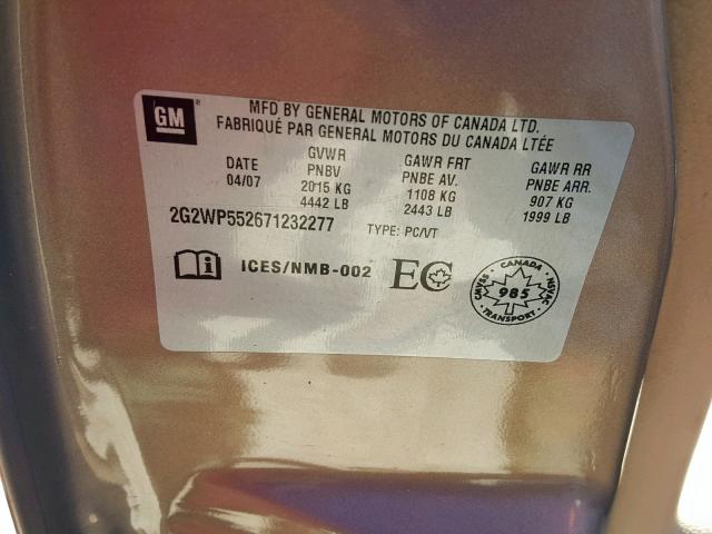 2G2WP552671232277 - 2007 PONTIAC GRAND PRIX 金色 照片 10