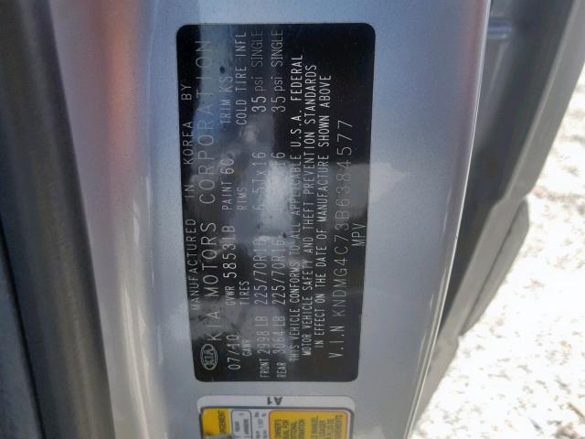 KNDMG4C73B6384577 - 2011 KIA SEDONA LX SILVER photo 10