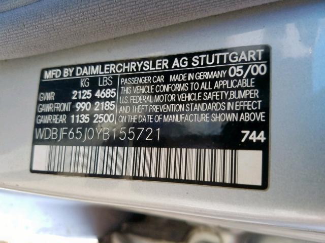 WDBJF65J0YB155721 - 2000 MERCEDES-BENZ E 320 SILVER photo 10