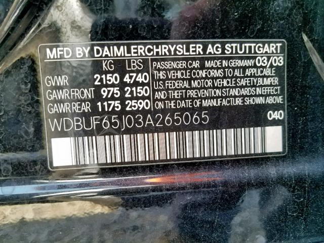 WDBUF65J03A265065 - 2003 MERCEDES-BENZ E 320 BLACK photo 10