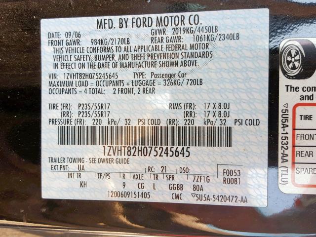 1ZVHT82H075245645 - 2007 FORD MUSTANG GT BLACK photo 10