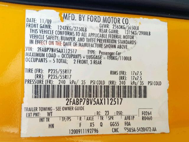 2FABP7BV5AX112517 - 2010 FORD CROWN VICT YELLOW photo 10