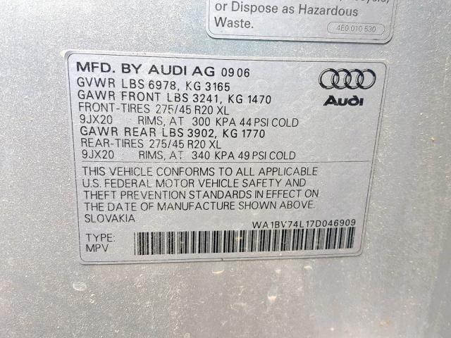 WA1BV74L17D046909 - 2007 AUDI Q7 4.2 QUA SILVER photo 10