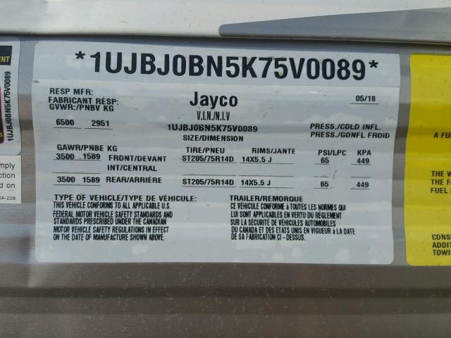 1UJBJ0BN5K75V0089 - 2019 JAYCO JAY FLIGHT  WHITE photo 10