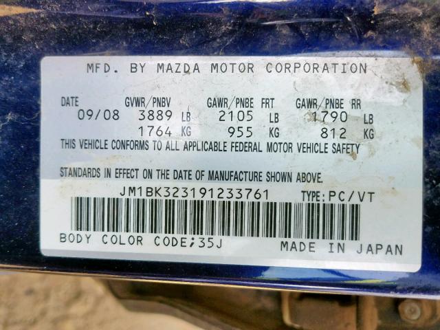 JM1BK323191233761 - 2009 MAZDA 3 S BLUE photo 10