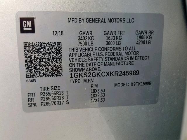 1GKS2GKCXKR245989 - 2019 GMC YUKON XL K SILVER photo 10