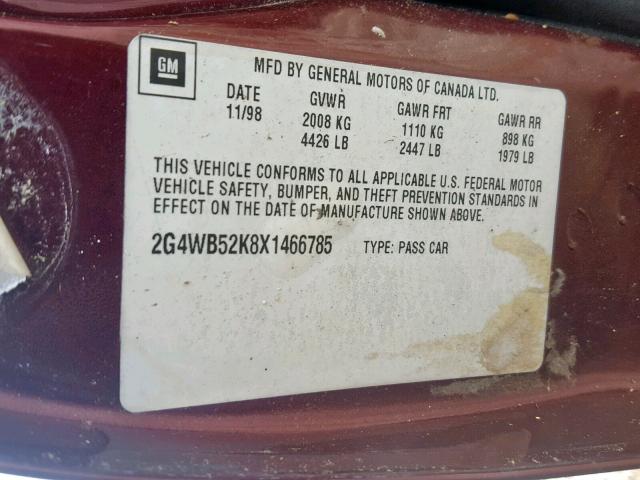 2G4WB52K8X1466785 - 1999 BUICK REGAL LS BURGUNDY photo 10