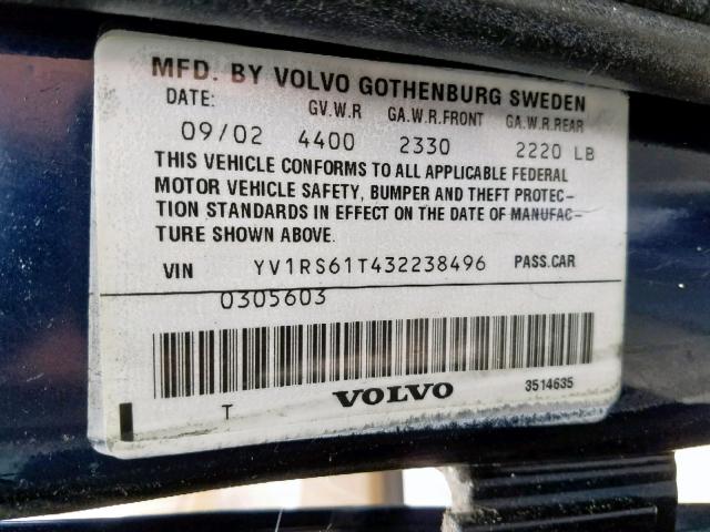 YV1RS61T432238496 - 2003 VOLVO S60 BLUE photo 10