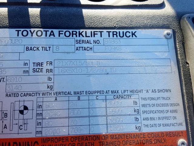 84863 - 2004 TOYOTA FORKLIFT ORANGE photo 10