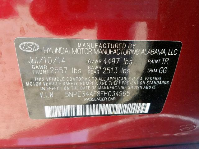 5NPE34AF8FH034965 - 2015 HYUNDAI SONATA SPO RED photo 10