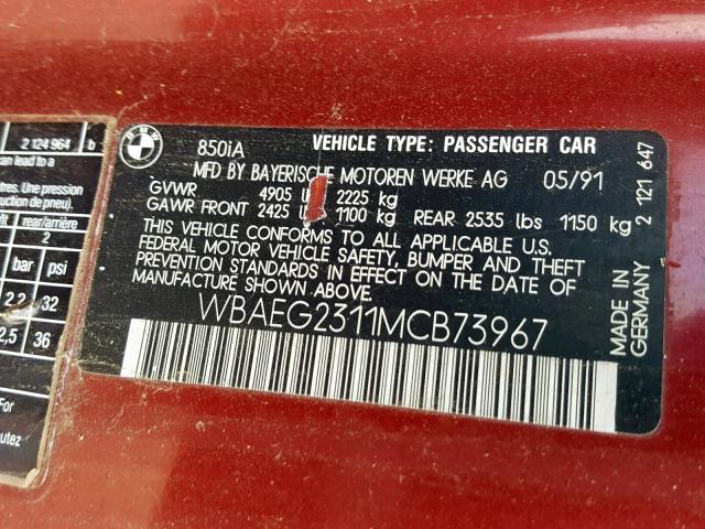 WBAEG2311MCB73967 - 1991 BMW 850 I AUTO RED photo 10