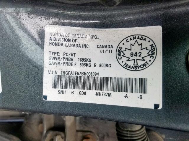 2HGFA1F67BH008394 - 2011 HONDA CIVIC LX-S Boz foto 10