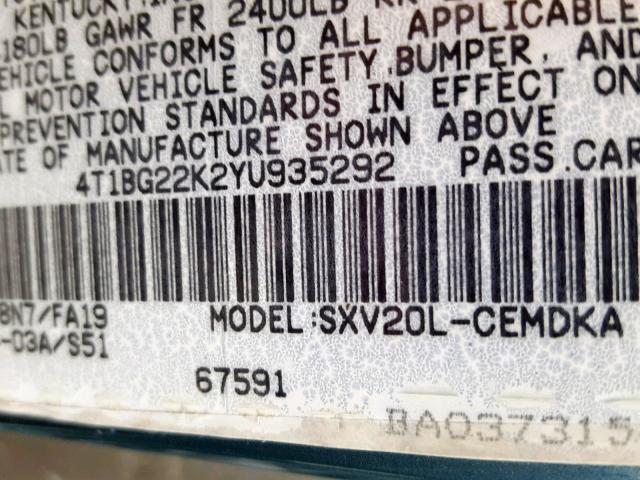 4T1BG22K2YU935292 - 2000 TOYOTA CAMRY CE BLUE photo 10