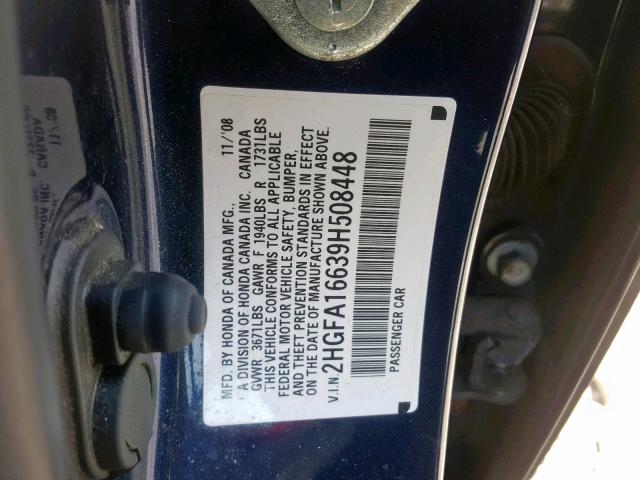 2HGFA16639H508448 - 2009 HONDA CIVIC LX-S Կապույտ լուսանկար 10