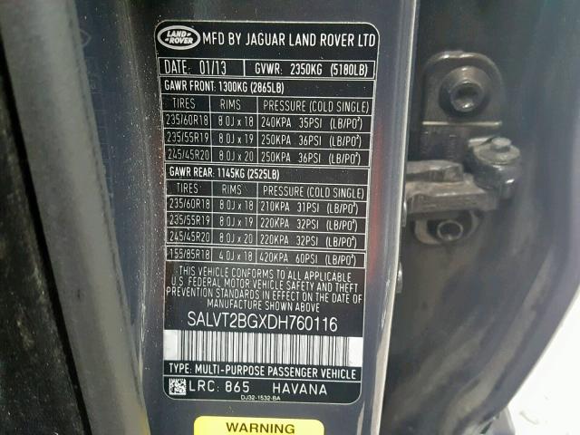 SALVT2BGXDH760116 - 2013 LAND ROVER RANGE ROVE GRAY photo 10