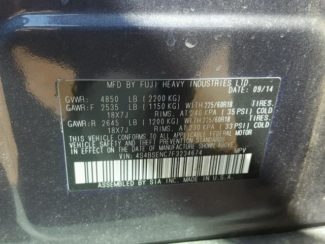 4S4BSENC7F3234674 - 2015 SUBARU OUTBACK 3. GRAY photo 10