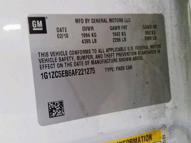 1G1ZC5EB6AF221275 - 2010 CHEVROLET MALIBU 1LT 白色 照片 10