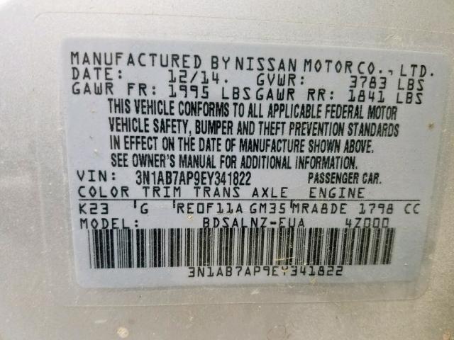 3N1AB7AP9EY341822 - 2014 NISSAN SENTRA S SILVER photo 10