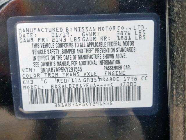 3N1AB7AP5KY291545 - 2019 NISSAN SENTRA S BLACK photo 10