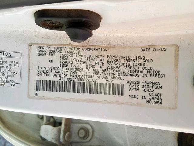 JTEHD21A330022102 - 2003 TOYOTA HIGHLANDER WHITE photo 10