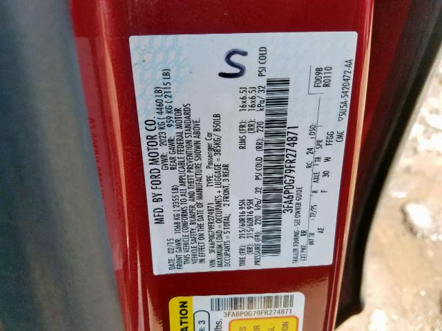 3FA6P0G79FR274871 - 2015 FORD FUSION S RED photo 10