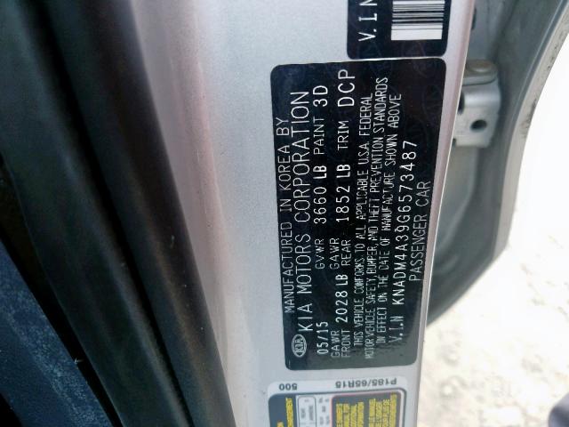 KNADM4A39G6573487 - 2016 KIA RIO LX SILVER photo 10