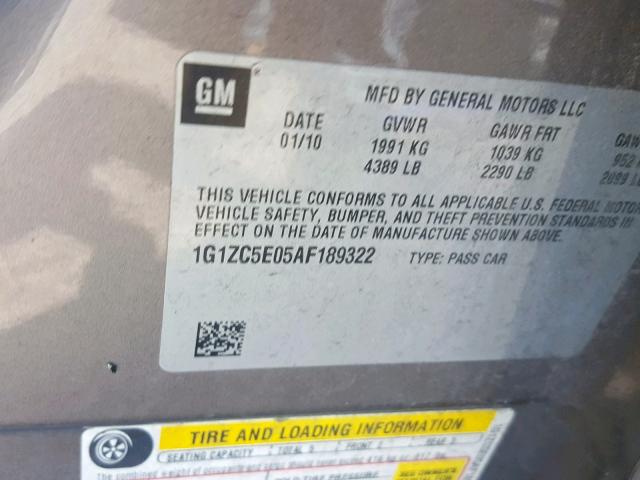 1G1ZC5E05AF189322 - 2010 CHEVROLET MALIBU 1LT 棕色 照片 10