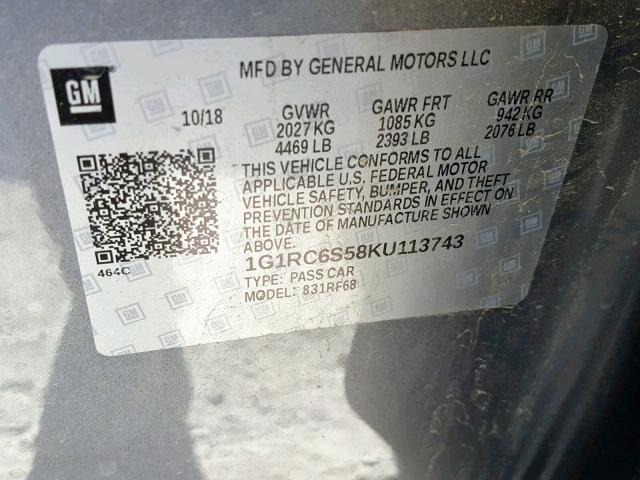 1G1RC6S58KU113743 - 2019 CHEVROLET VOLT LT GRAY photo 10