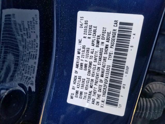 1HGCR2F85FA155935 - 2015 HONDA ACCORD EXL BLUE photo 10