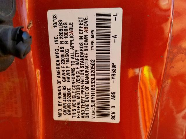 5J6YH18533L020502 - 2003 HONDA ELEMENT EX ORANGE photo 10