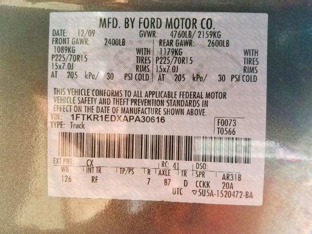 1FTKR1EDXAPA30616 - 2010 FORD RANGER SUP GRAY photo 10