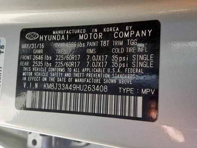 KM8J33A49HU263408 - 2017 HYUNDAI TUCSON LIM SILVER photo 10