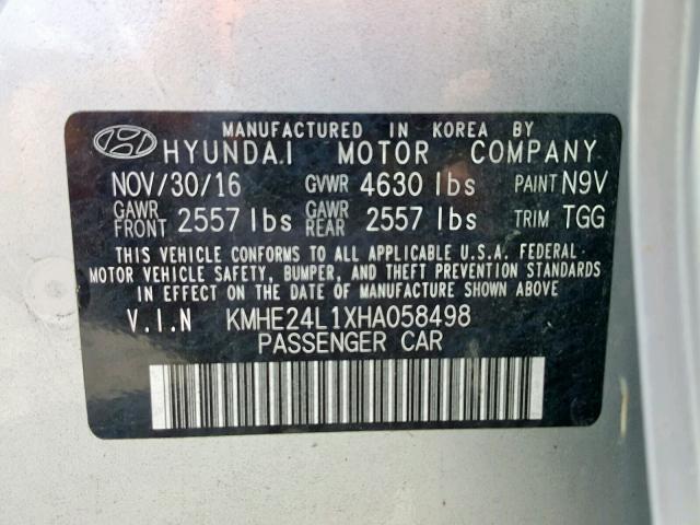 KMHE24L1XHA058498 - 2017 HYUNDAI SONATA HYB SILVER photo 10