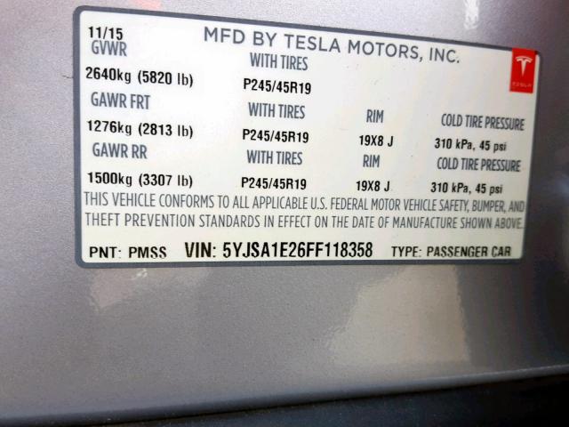 5YJSA1E26FF118358 - 2015 TESLA MODEL S Gümüş foto 10