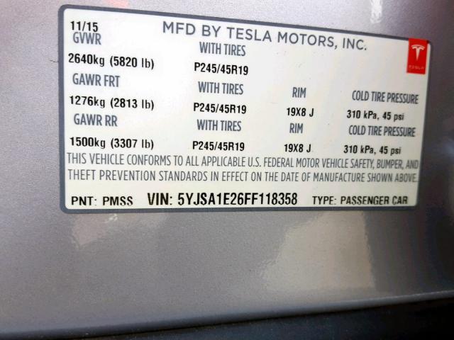 5YJSA1E26FF118358 - 2015 TESLA MODEL S SILVER photo 10