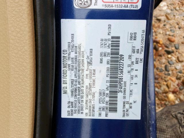 3FAHP08156R227209 - 2006 FORD FUSION SEL BLUE photo 10