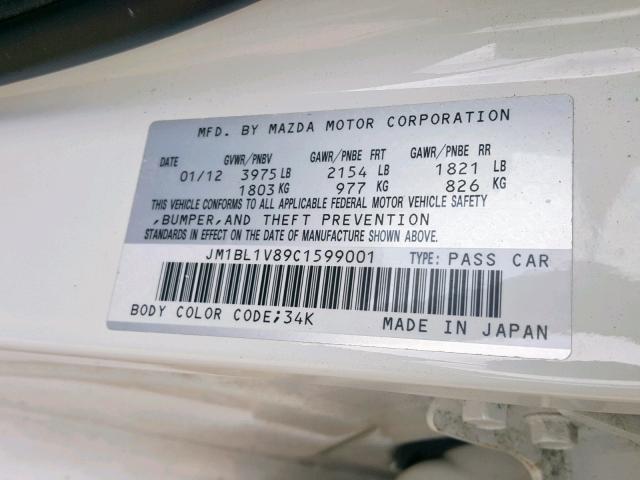 JM1BL1V89C1599001 - 2012 MAZDA 3 I WHITE photo 10