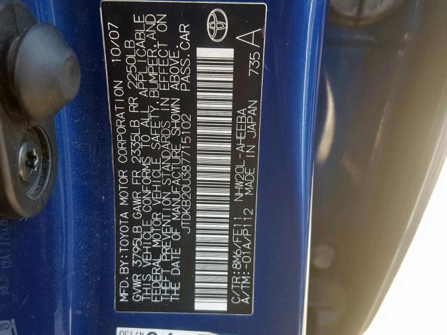 JTDKB20U387715102 - 2008 TOYOTA PRIUS BLUE photo 10