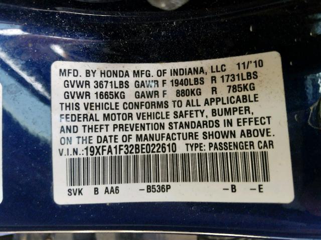 19XFA1F32BE022610 - 2011 HONDA CIVIC VP BLUE photo 10